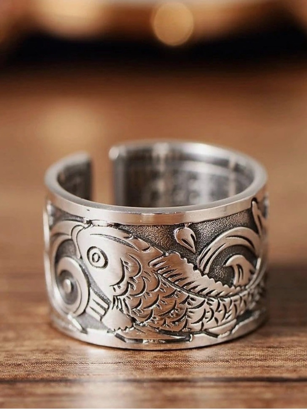 Ethnic Style Koi Adjustable Ring Engraved Scripture.
